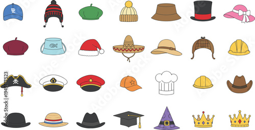 Vector illustration of 25 different hats showcasing cultural, professional, and fashion styles in colorful grid arrangement
