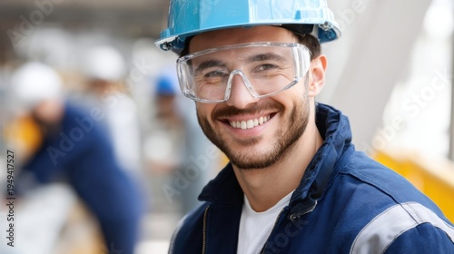 Portrait of happy worker wearing protective helmet and safety goggles in factory, showcasing safety and professionalism in industrial workplace 