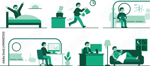 A vector graphic illustration depicting a person's daily routine in a minimalist style