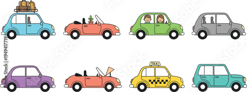 Vector illustration of eight colorful cartoon cars including taxi, convertible, travel car, and everyday commuting vehicles