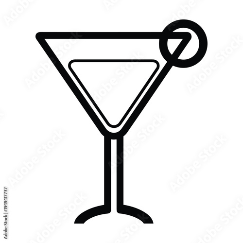 Martini Glass Icon with Olive - Simple Black and White Line Art