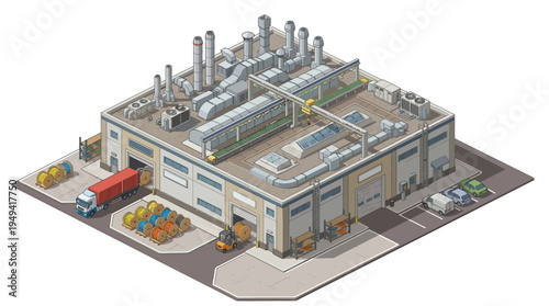 Isometric industrial factory building with loading docks, trucks, and forklifts, representing logistics and manufacturing processes