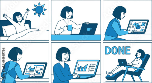 A woman works remotely from various comfortable locations with her laptop and celebrates productivity