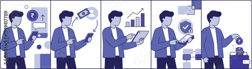 A businessman engaged in various financial activities with a tablet and smartphone in a vector illustration