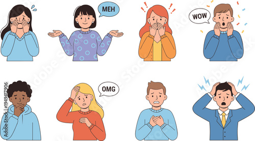 Vector illustration of eight people showing emotions including sadness, shock, stress, contemplation, and surprise