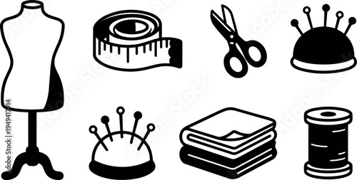 Black and white flat design vector icons of tailoring tools including mannequin scissors tape measure pin cushion folded fabric and spool