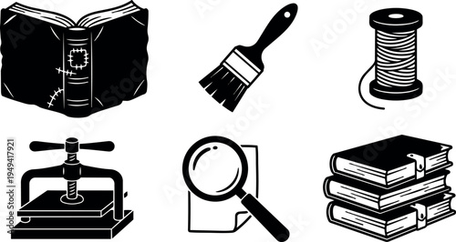 Black and white vector art of old book paint brush spool of thread book press magnifying glass and stacked books detailed monochrome icons