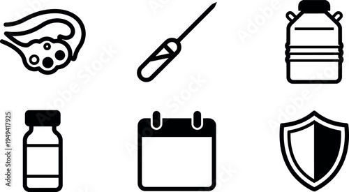 Minimalist black medical icons set including ovary anatomy needle injection syringe calendar and shield protection symbols