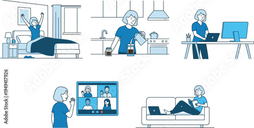 A minimalist vector graphic illustration of a woman working and relaxing at home in various scenes