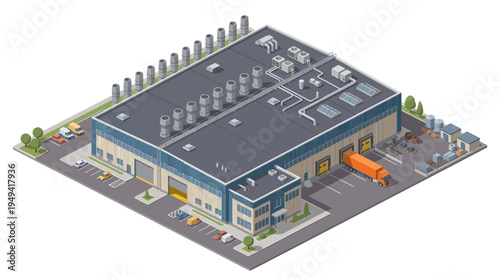 Isometric view of a modern industrial warehouse with loading docks and a truck, showcasing logistics and manufacturing operations
