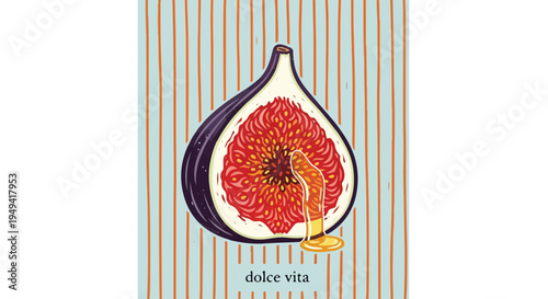 halved fig with golden honey dripping from its center. Set against a chic blue-and-orange striped background, this graphic features the phrase "dolce vita" in a minimalist font