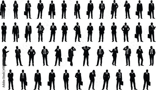 Vector illustration of fifty business silhouettes in diverse professional poses including standing, gesturing, and using devices