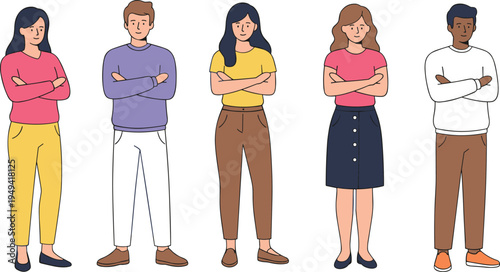 Vector illustration of five diverse people with arms crossed in casual outfits representing individuality and teamwork