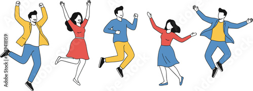 Vector illustration of five joyful people jumping and dancing in colorful outfits celebrating happiness, energy, and group activity