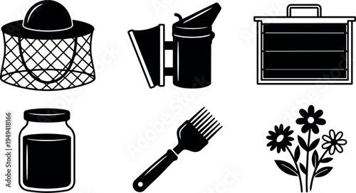 Black silhouette vector icons of beekeeping hat smoker hive box honey jar honey fork and flower bouquet set