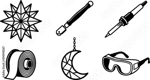 Black and white vector icons of glass cutter wheel soldering iron tape crescent moon pendant and protective goggles isolated on white