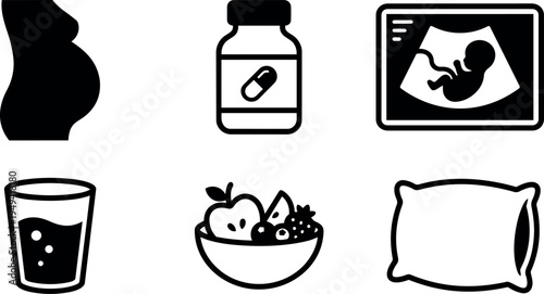 Black and white flat design icons representing pregnancy health nutrition medicine ultrasound and rest lifestyle symbols