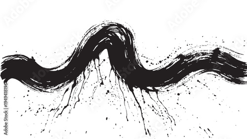 A single thick black brush stroke forms a dynamic wave shape with heavy ink splatters emphasizing movement and energy.
