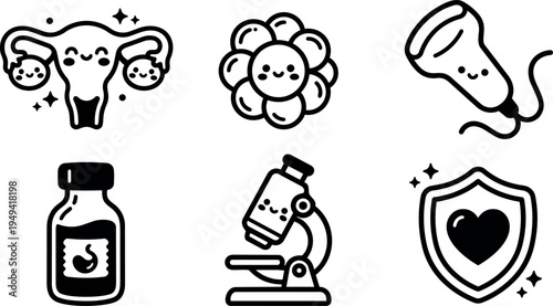 Cute medical vector icons representing fertility ovary ultrasound test microscope heart protection smiling characters in black line art style