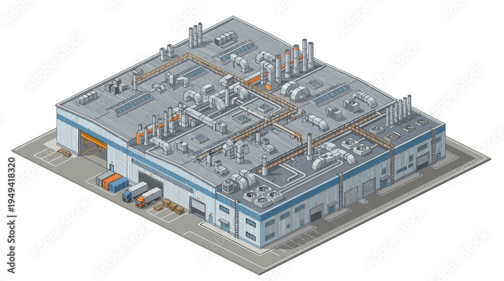 Obraz premium Aerial view of a large industrial warehouse facility with loading docks, trucks, and extensive HVAC systems on the rooftop