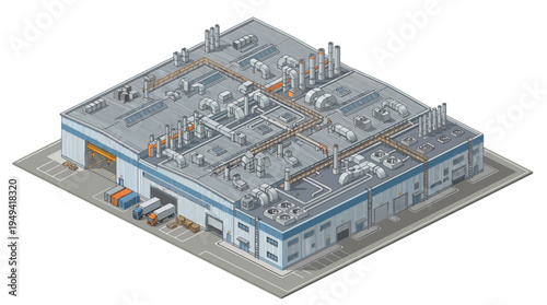 Aerial view of a large industrial warehouse facility with loading docks, trucks, and extensive HVAC systems on the rooftop