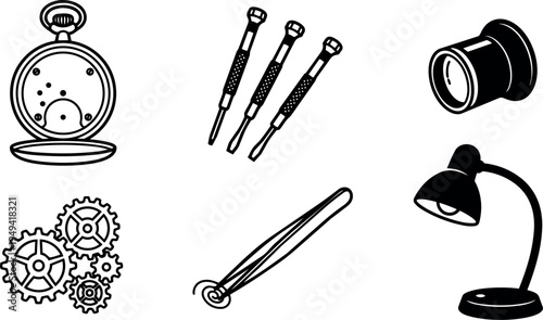 Classic black and white line art set of precision watchmaker tools including screwdriver tweezers loupe lamp gears and pocket watch design