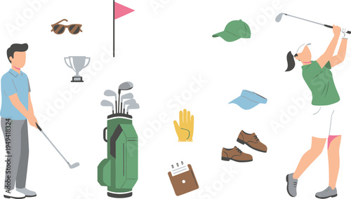 Vector illustration of male and female golfers with clubs, trophy, and essential golf equipment and accessories