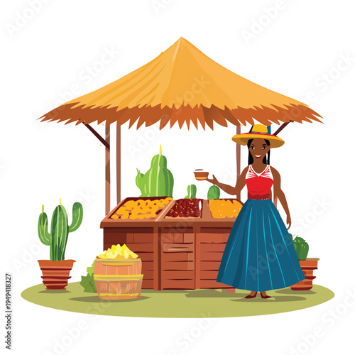 Woman at a fruit stand with a thatched roof in a colorful illustration