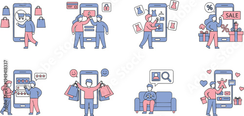 Vector illustration of online shopping and e-commerce activities with people interacting through mobile devices and apps