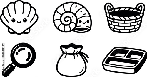 Cute smiling seashell and spiral shell with wicker basket magnifying glass pouch and divided tray icons in black line vector art