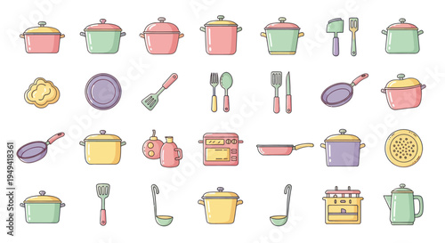 Colorful kitchen utensils and cookware set