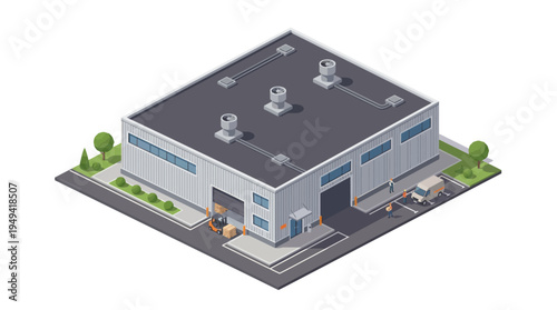 Isometric view of a modern industrial warehouse building with loading docks and a delivery vehicle, showcasing logistics and distribution operations in a clean, contemporary style