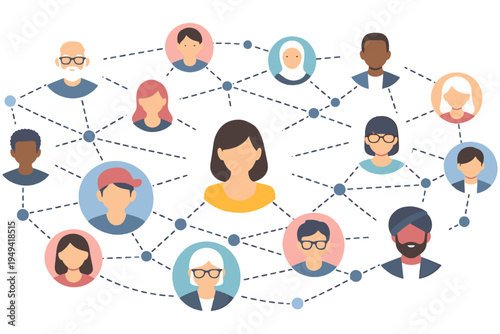 Global Social Network with Multicultural People Icons Connected by Relationship Lines