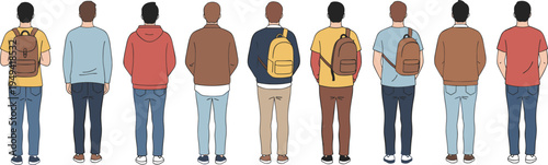 Vector illustration of ten diverse people in casual outfits with backpacks viewed from behind showcasing fashion styles
