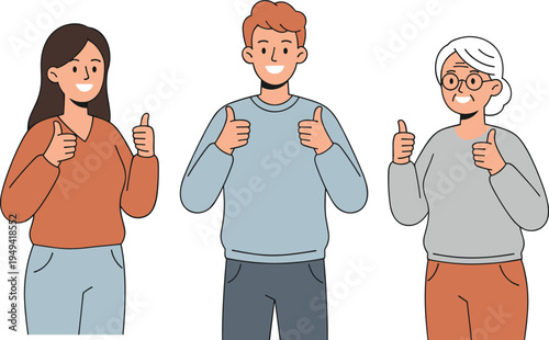 Vector illustration of three diverse people giving thumbs-up gesture symbolizing approval, encouragement, and positive agreement