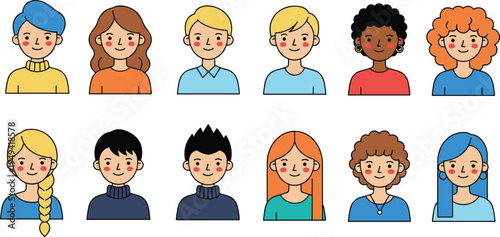 Vector illustration of twelve diverse cartoon portraits highlighting individuality, hairstyles, fashion, and character design