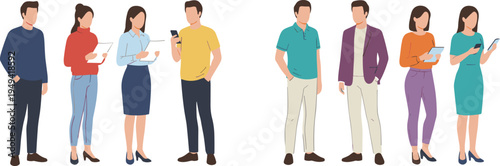 Vector illustration of two groups of professionals collaborating with tablets, smartphones, and papers in modern workplace setting