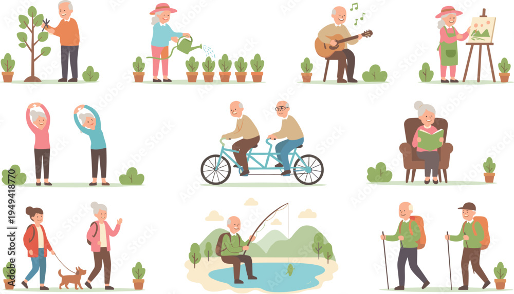 Fototapeta premium Colorful vector illustration of elderly people enjoying outdoor activities, hobbies, fitness, and creative leisure in healthy lifestyle