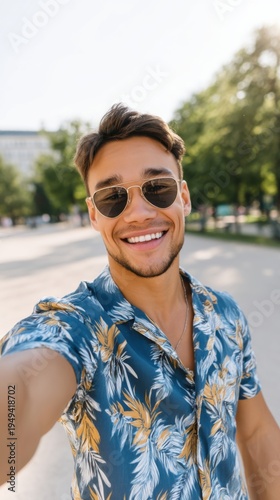 Smiling young man with sunglasses and trendy outfit taking selfie in city park on sunny day, ideal for fashion, lifestyle, and social media visuals 