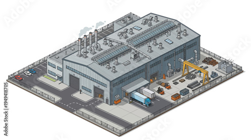Isometric view of a modern industrial factory building with loading docks, trucks, and forklifts, showcasing logistics and manufacturing operations