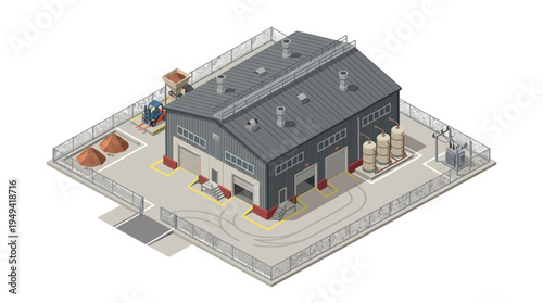 Isometric industrial building with loading docks, storage tanks, and security fence on a white background
