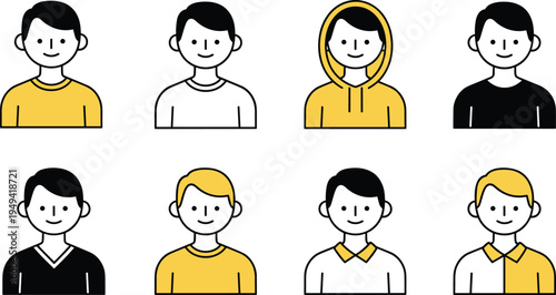 Cartoon vector illustration of eight diverse male characters with unique hairstyles, clothing styles, and colorful modern outfits