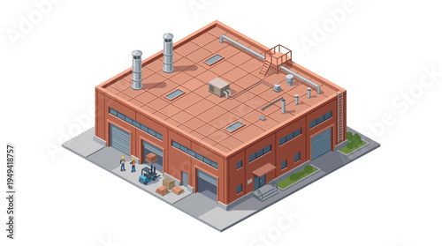 Isometric illustration of a factory building with loading docks and a forklift