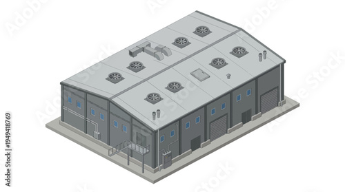 Isometric architectural rendering of a modern industrial warehouse building with a gray roof and blue windows