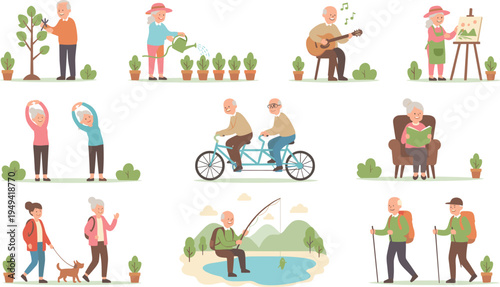 Colorful vector illustration of elderly people enjoying outdoor activities, hobbies, fitness, and creative leisure in healthy lifestyle