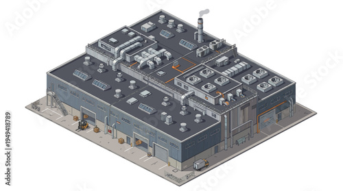 Isometric illustration of a modern industrial building with visible HVAC systems and rooftop units