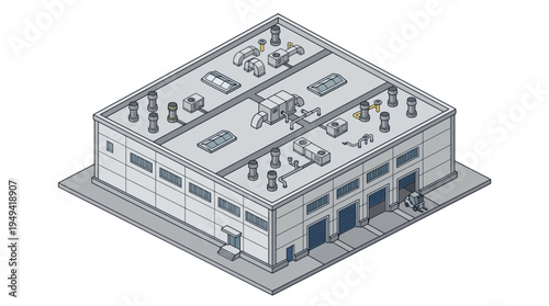 Isometric View of a Commercial Building with Multiple Bays and Rooftop Equipment