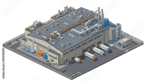 Isometric view of a large industrial manufacturing facility with loading docks and delivery trucks outside