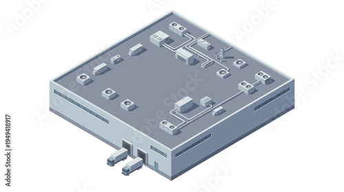 Isometric view of a modern industrial building with loading docks and HVAC units on the rooftop