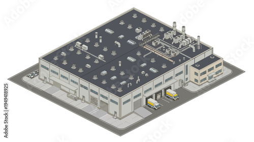 Isometric perspective of a large industrial warehouse with loading docks and delivery trucks, showcasing logistics and supply chain operations